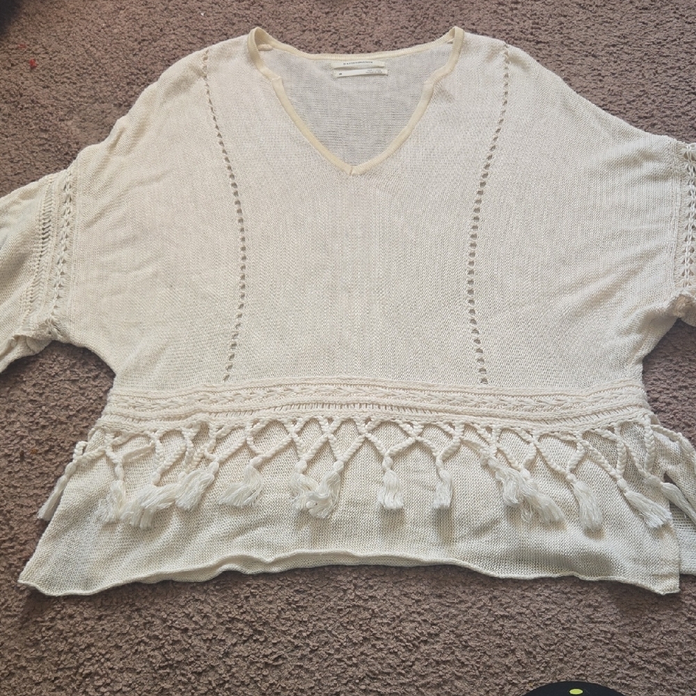 Anthropologie Cream Tassel V-Neck Sweater With Details 💫 Boho Viscose Blend